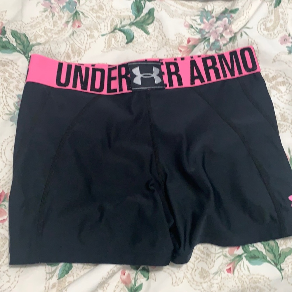 Pink and black under armor workout shorts!